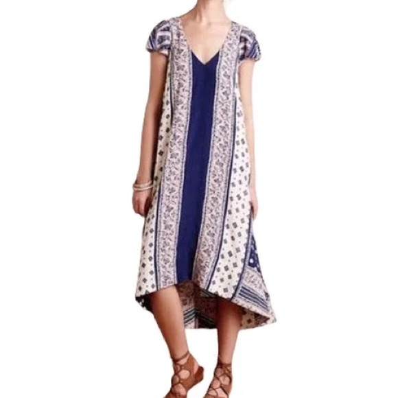 Anthropologie cap sleeve navy blue, pink and white patterned flowy dress - Picture 5 of 13